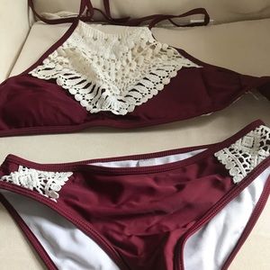 Bikini Set Maroon With Beige Lace